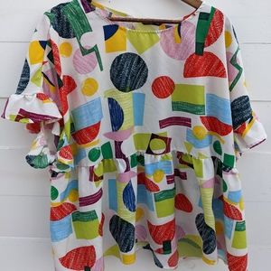 Shein Curve White Geometric Peplum Blouse